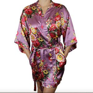 Ms Lovely Floral Satin Kimono Short Robe - Mauve